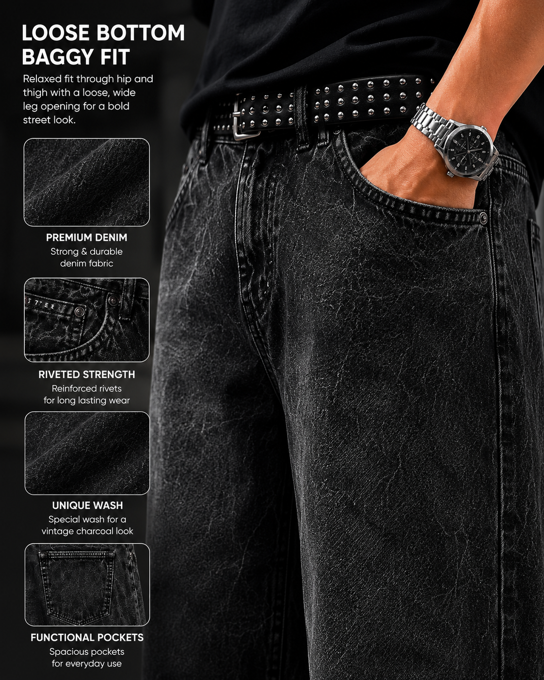 Loose Fit Washed Black Denim